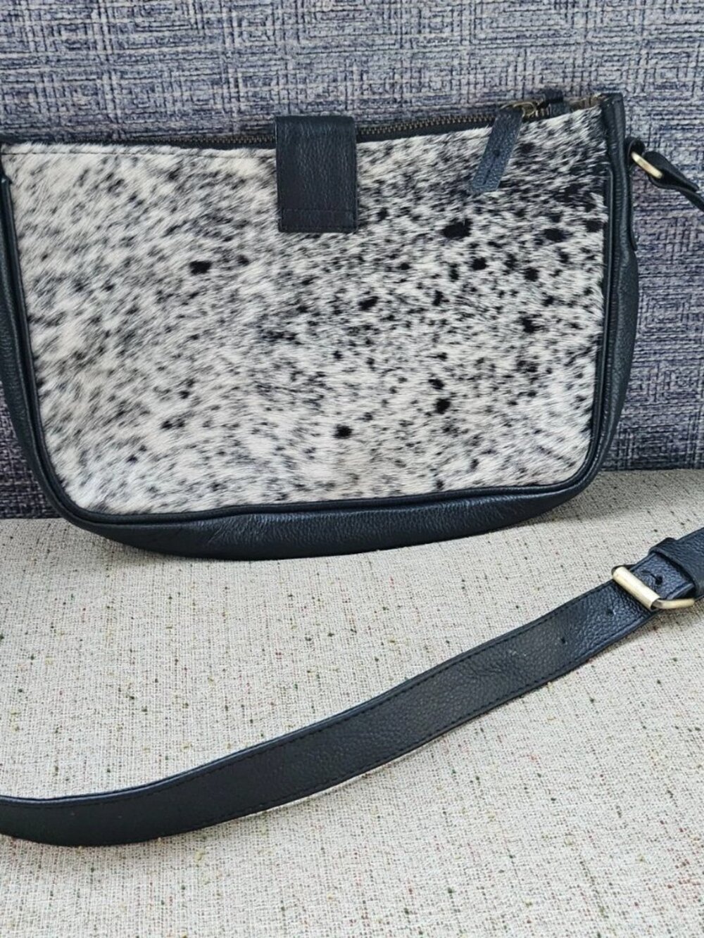 Handmade Bag Real Fur Genuine Leather Black/White Cross Body Shoulder Bag New